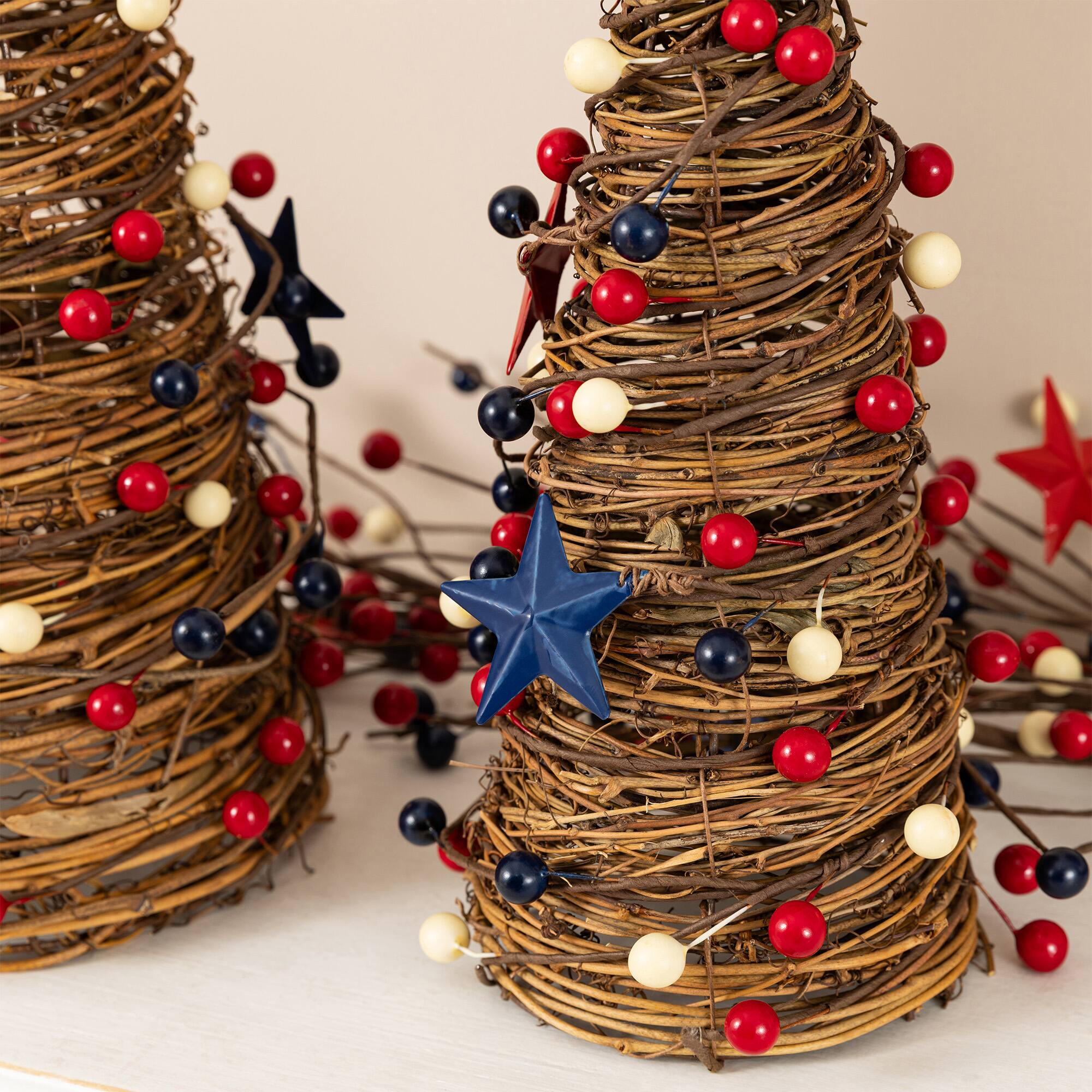 Glitzhome® Set of 2 Patriotic Americana Rattan Stars and Berry Cone Table Trees